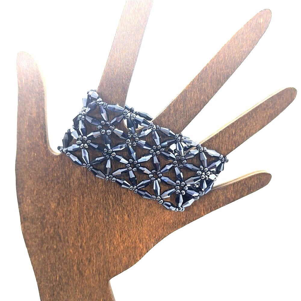 Black Flower Stretch Bracelet Faceted Crystals